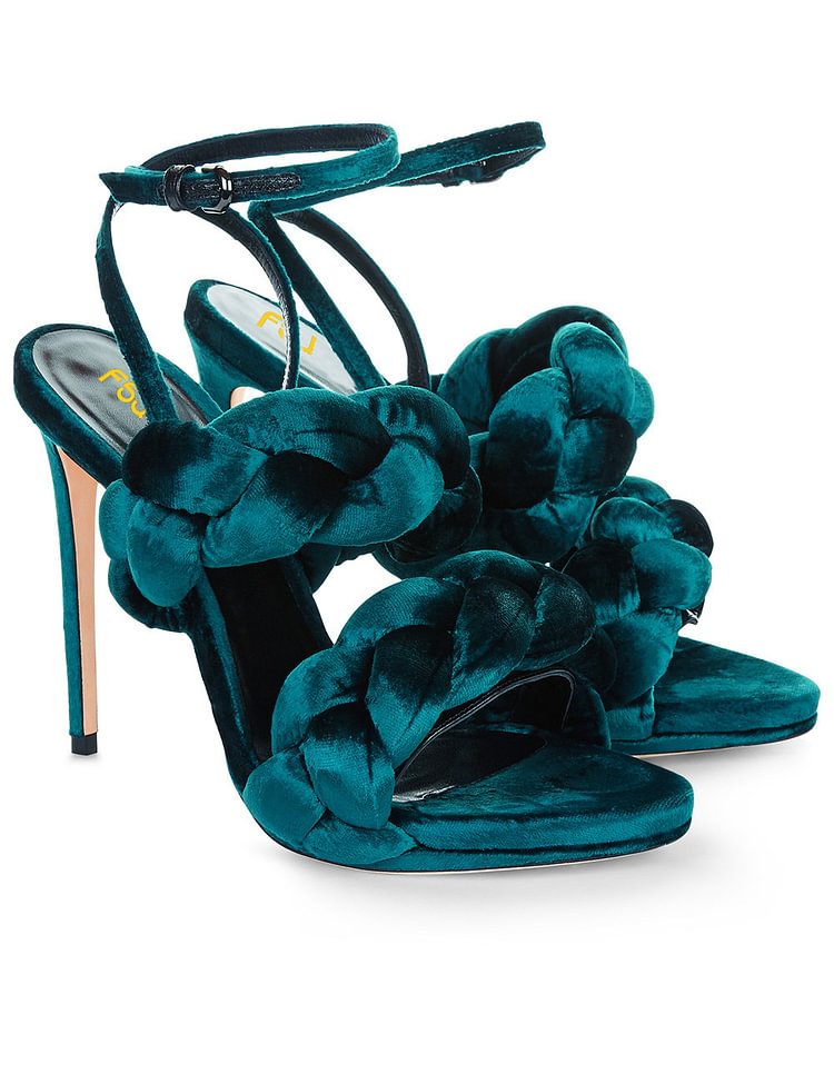 Teal Shoes Ankle Strap Stiletto Heel Velvet Sandals for Prom |FSJ Shoes