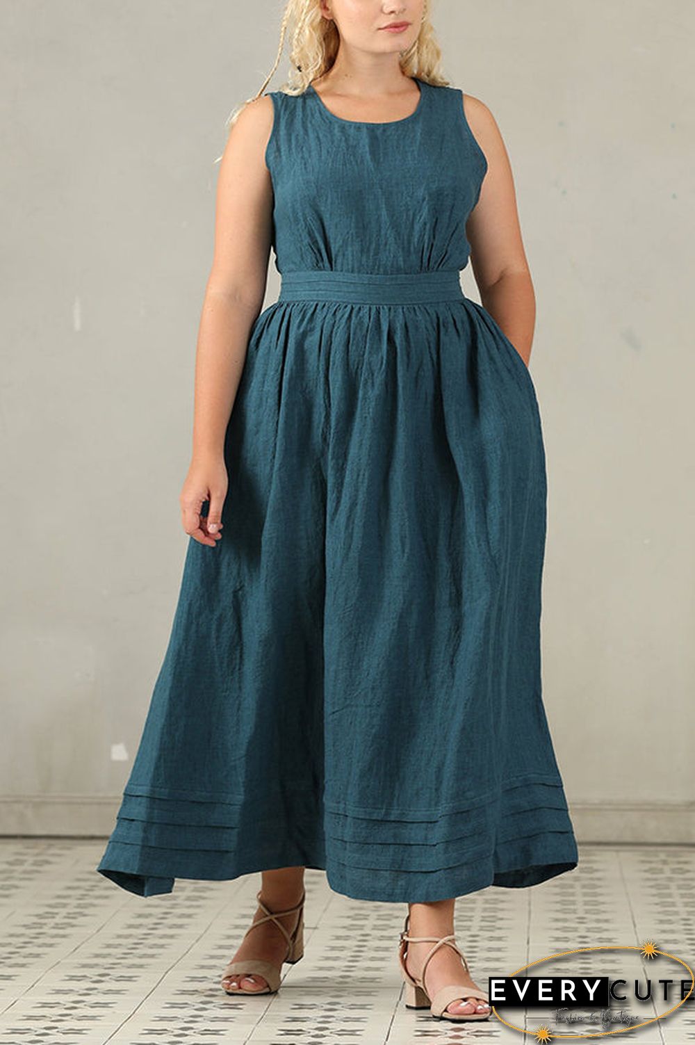 Cross Back O Neck Maxi Linen Dress
