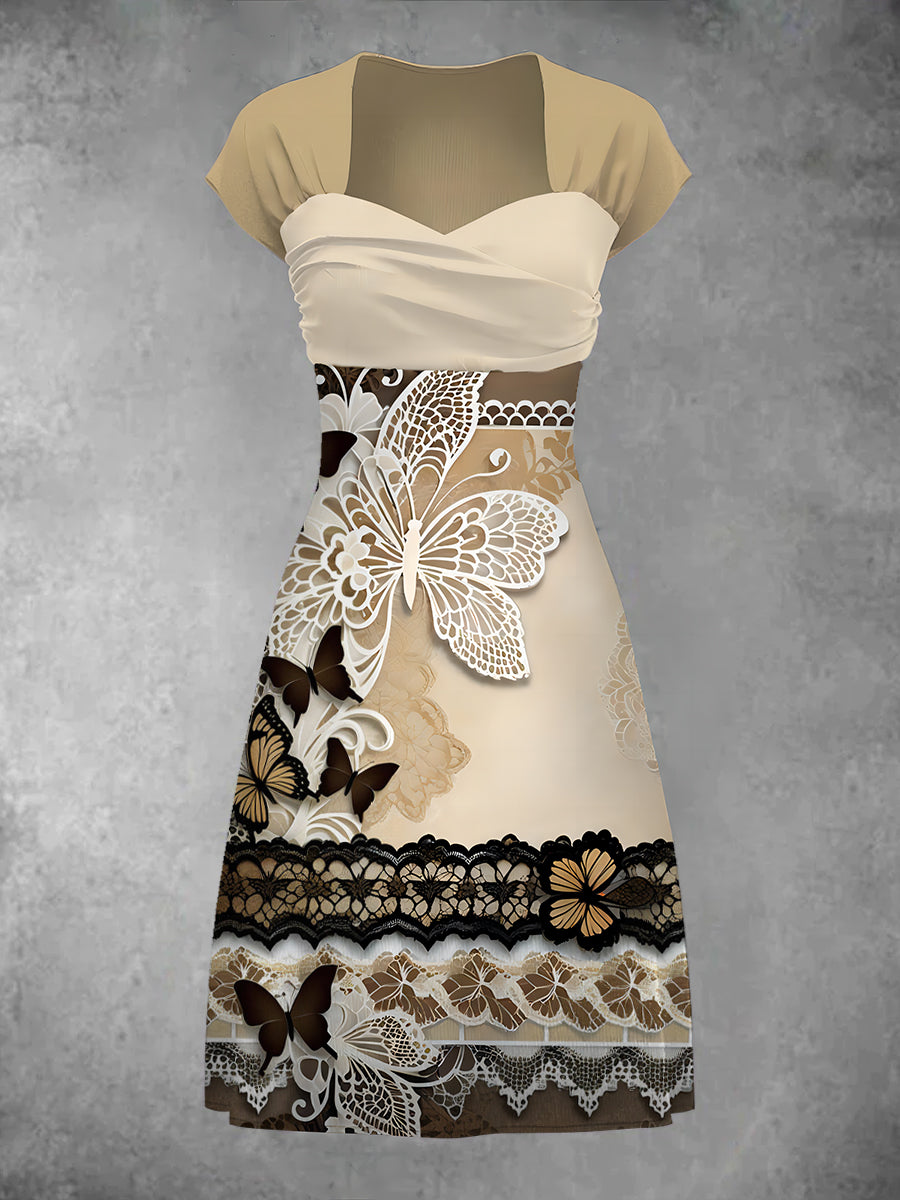 Elegant Lace Butterfly Floral Print Short Sleeve Retro Midi Dress