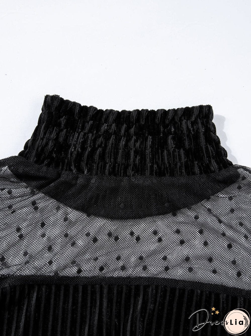 Polka Dot Striped Mesh Frilled Neck Bubble Sleeve Dress