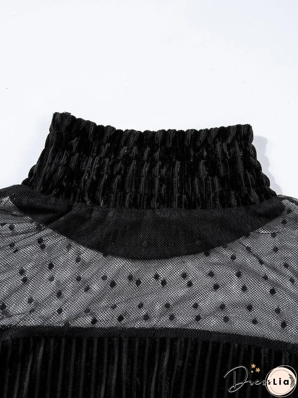 Polka Dot Striped Mesh Frilled Neck Bubble Sleeve Dress