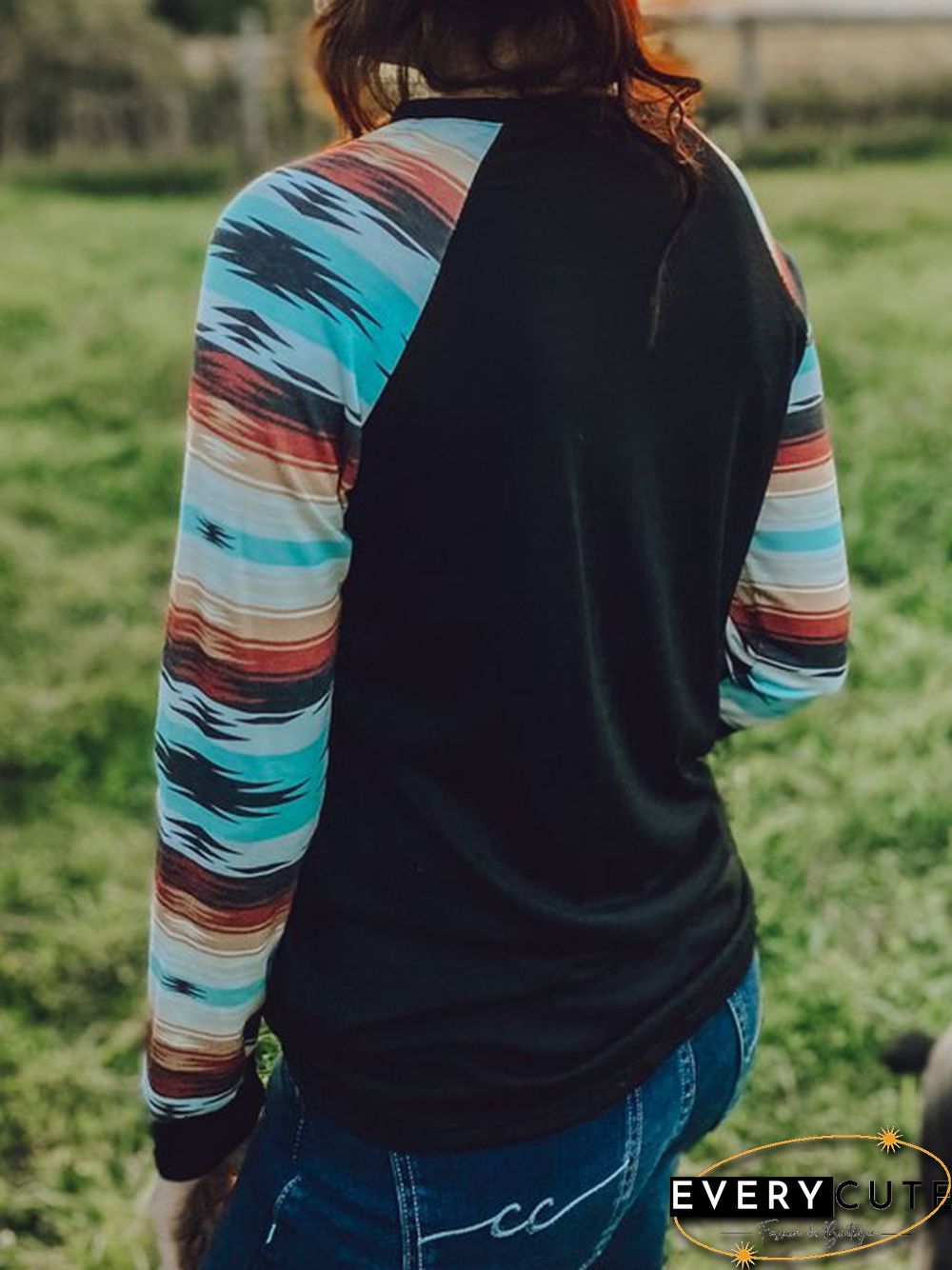 Black Cotton-Blend Long Sleeve Printed Geometric T-shirt