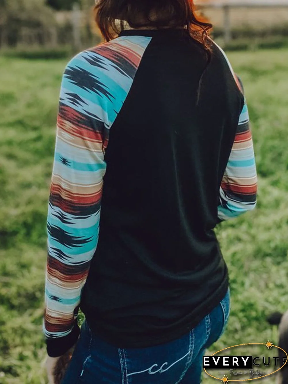 Black Cotton-Blend Long Sleeve Printed Geometric T-shirt