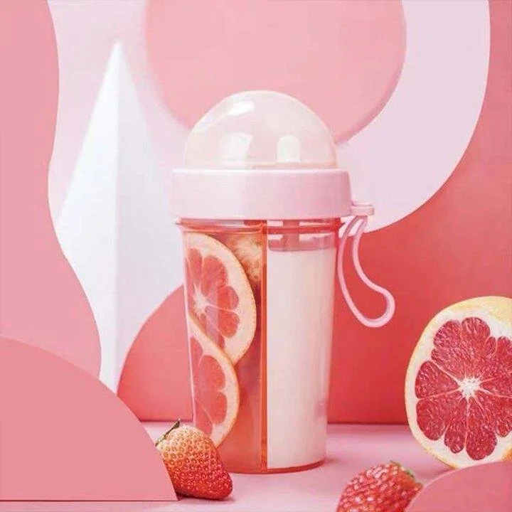 Portable Dual Straw Separate Drink Bottle Outdoor Travel Double-tube Opening Bottle