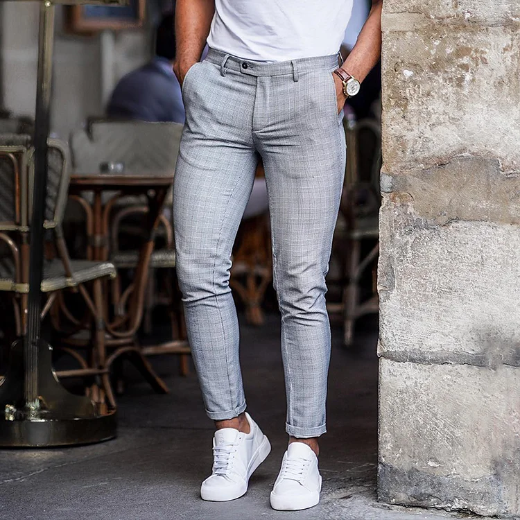 BrosWear Casual Light Grey Check Cropped Pants