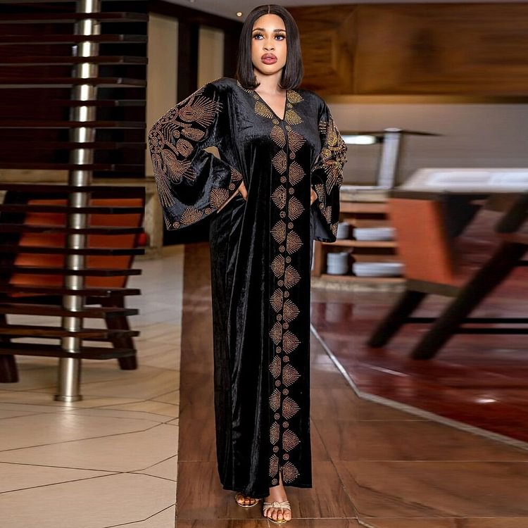 African Americans fashion QFY African Luxury Velvet Dresses For Women Dubai Turkey Kaftan Muslim Abayas Evening Gowns 2022 Ankara Outfits Plus Size Boubou Ankara Style QueenFunky