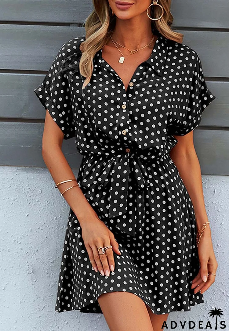 Anna-Kaci Womens Casual Dress Short Sleeves Button Up Polka Dot Printed Tie Waist Mini Dresses