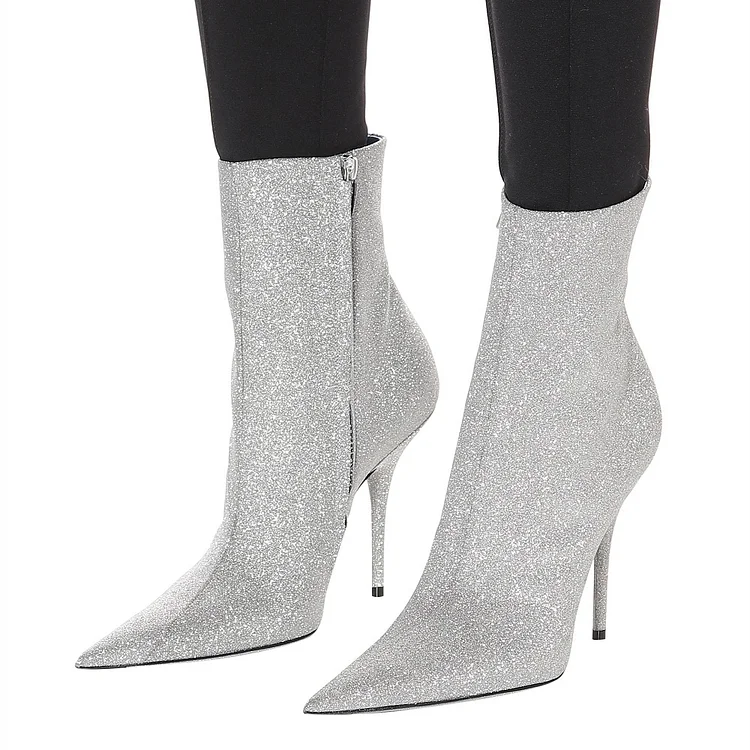Silver Zipper Glitter Boots Pointy Toe Stiletto Heel Ankle Boots |FSJ Shoes