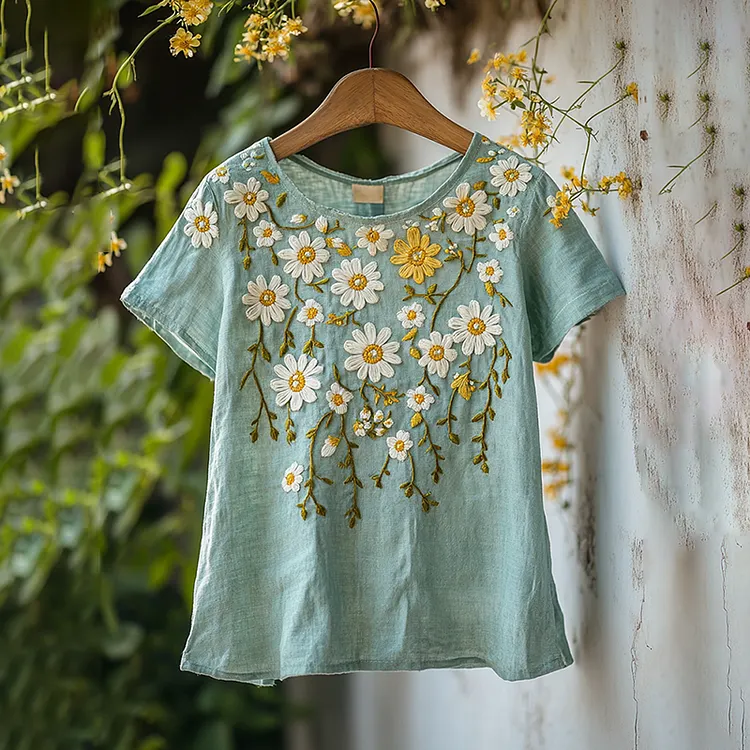 Floral Embroidered Round Neck Linen Blend T-shirt