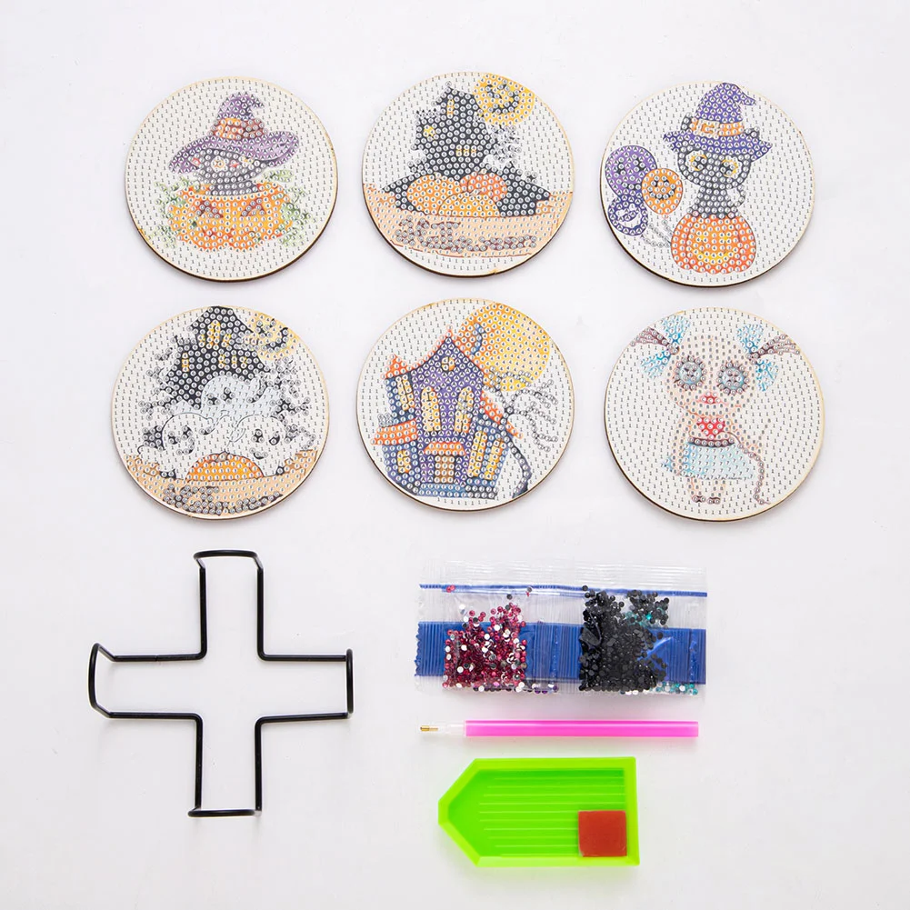 6pcs DIY Diamond with Rack Halloween Drink Cup Pad for Home Office Decor