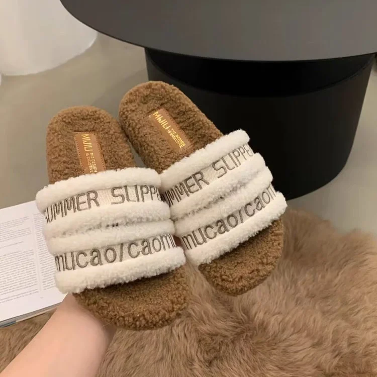 Wongn Wongn Autumn / Winter New Fashion Letter One Word Outside Wear Plush Slippers Wool Slippers Women's Shoes