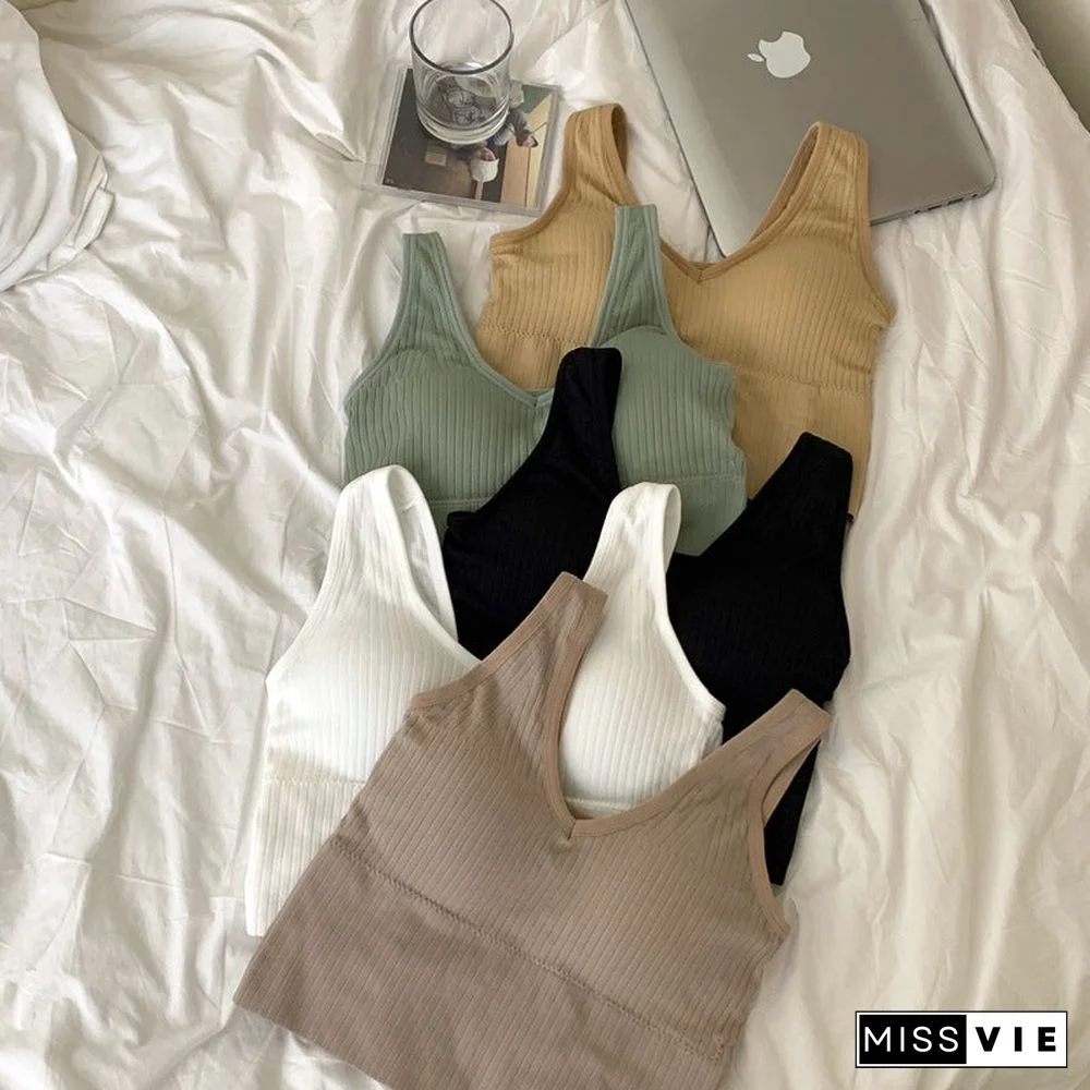 Contrast Banding Trimmed Ribbed Thick Strap V-Neck Crop Top Tank Top