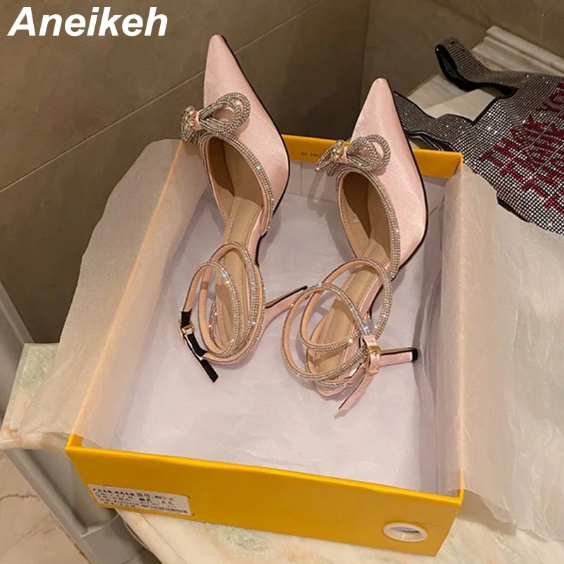 Aneikeh Spring 2022 Sapatos Das Mulheres Pumps Stiletto Heel Slingbacks Pointed Toe Polka Dot Butterfly-Knot Apricot Size 35-39