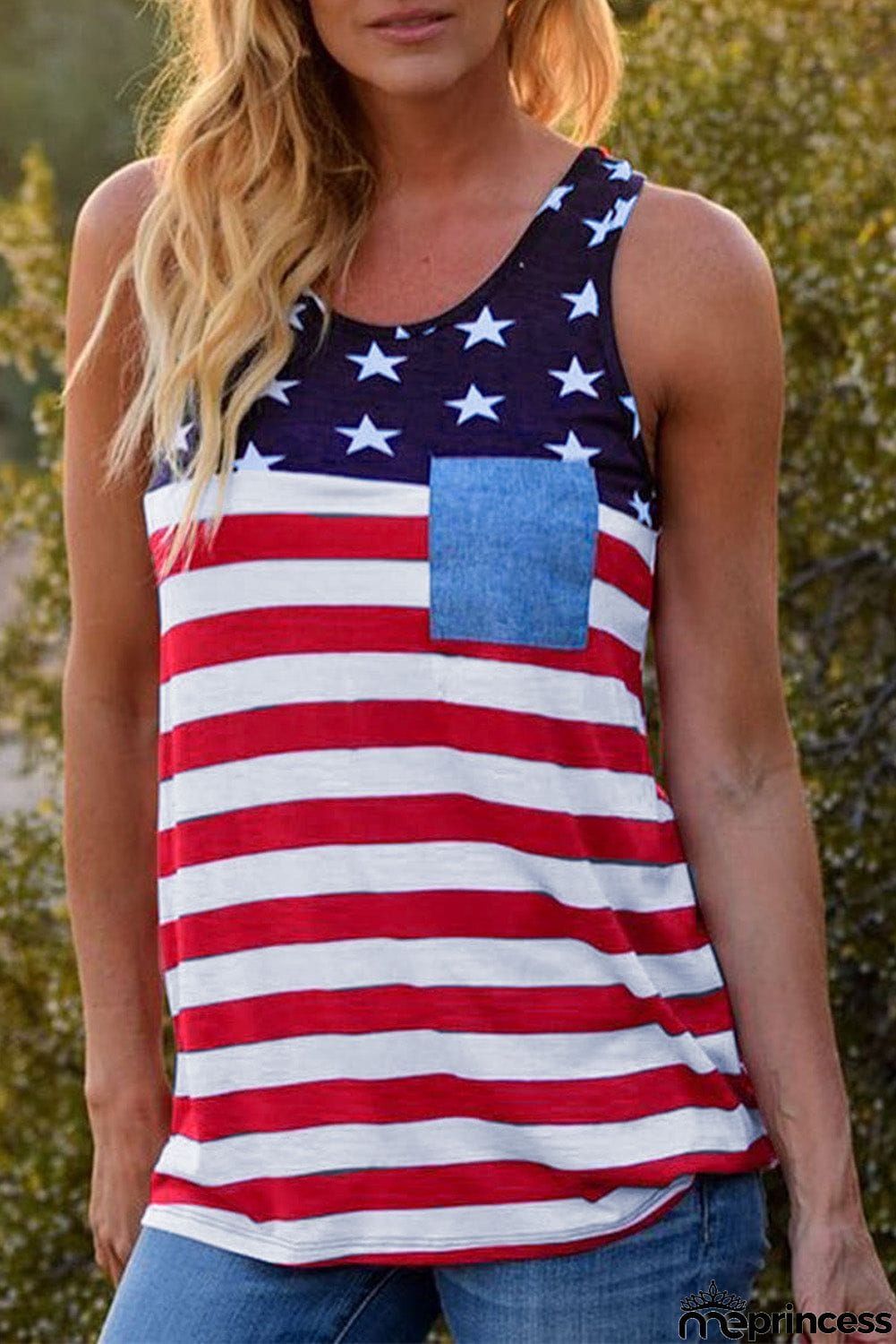 USA Flag Stars Stripes Print Tank with Patch Pocket