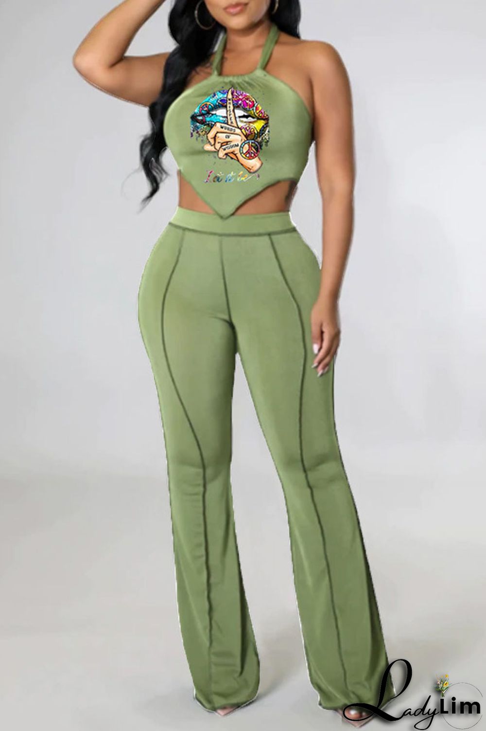 Orange Sexy Lips Printed Backless Asymmetrical Halter Sleeveless Two Pieces