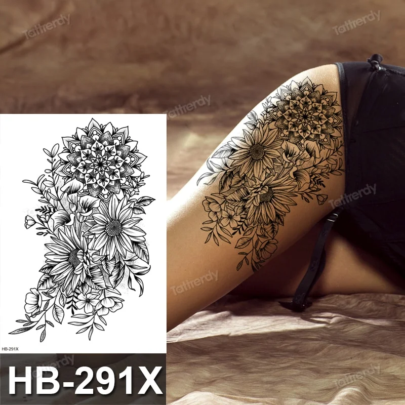 Sdrawing henna black lace mandala flowers sexy waterproof temporary tattoo for women thigh body tattoo sketch flower rose peony big