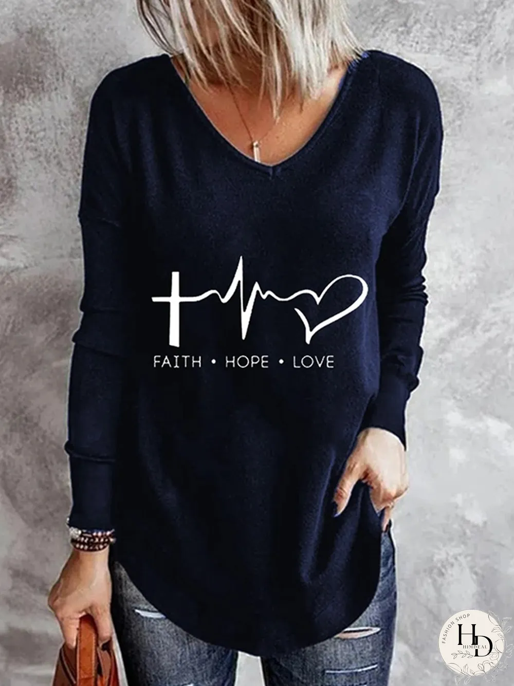 Long Sleeve Letter V Neck Casual T-shirt