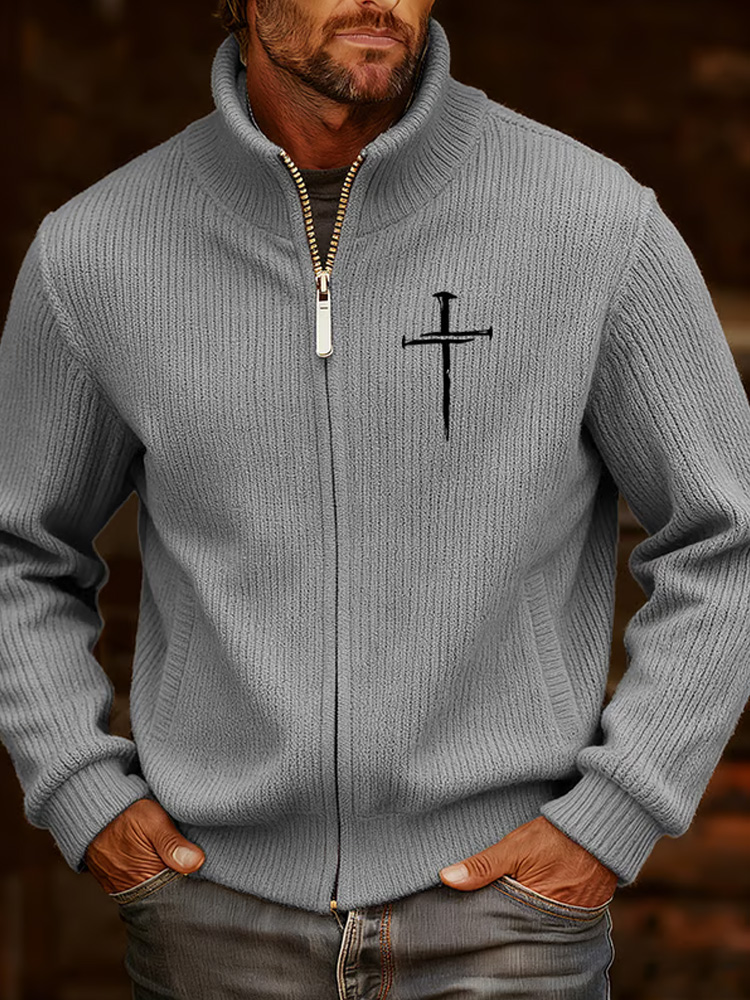 Men's Vintage Faith Cross Design Printed Knitted Jacquard Zip Comfort Jacket elevenforest