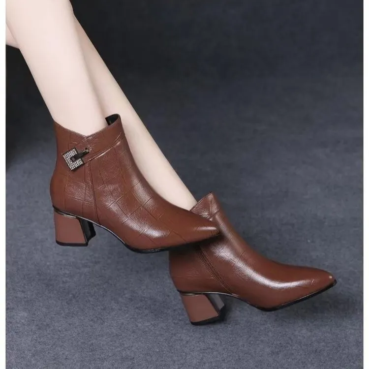 Churchf Autumn And Winter New Fashion Pointed Side Zipper High Heel Ankle Boots Thick Heel Fashion Plus Size Martin Boots Women