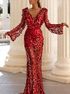Sexy Sequinned Long Sleeve Deep V-Neck See-Through Evening Maxi Dress