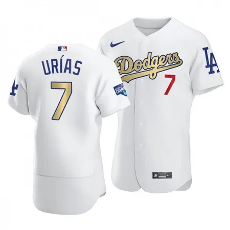 Men's Los Angeles Dodgers #7 Julio Urias 2021 White Gold World Series Champions Patch Sttiched Jersey