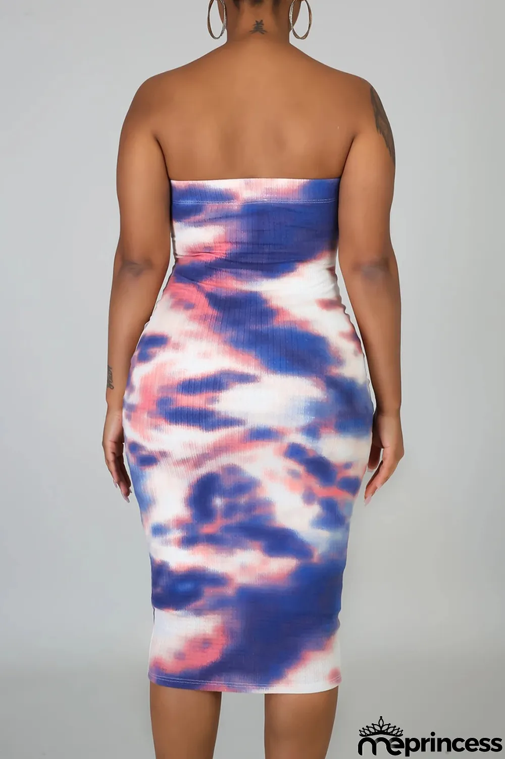 Deep Blue Sexy Patchwork Tie-dye Strapless Pencil Skirt Dresses
