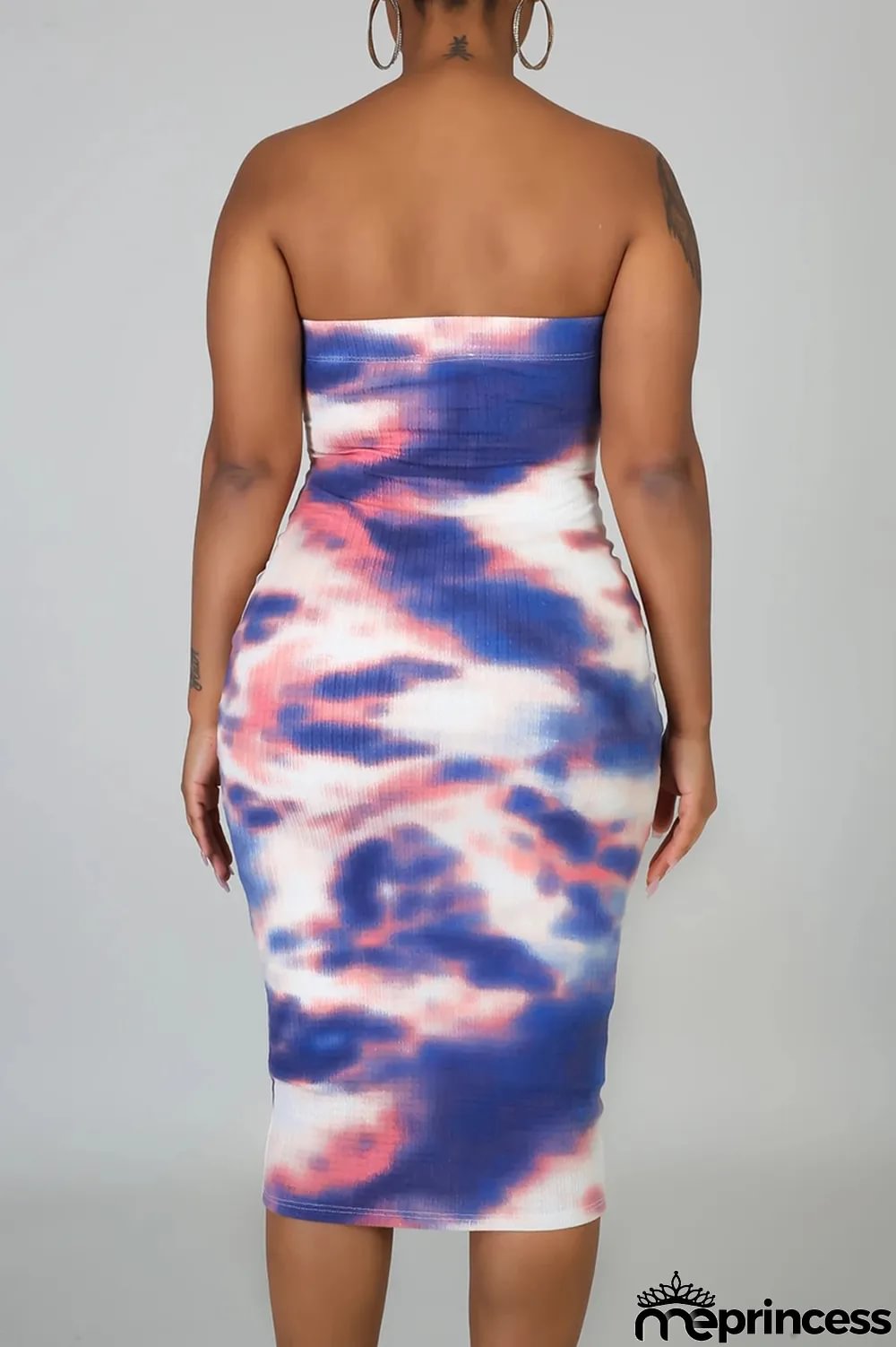 Deep Blue Sexy Patchwork Tie-dye Strapless Pencil Skirt Dresses