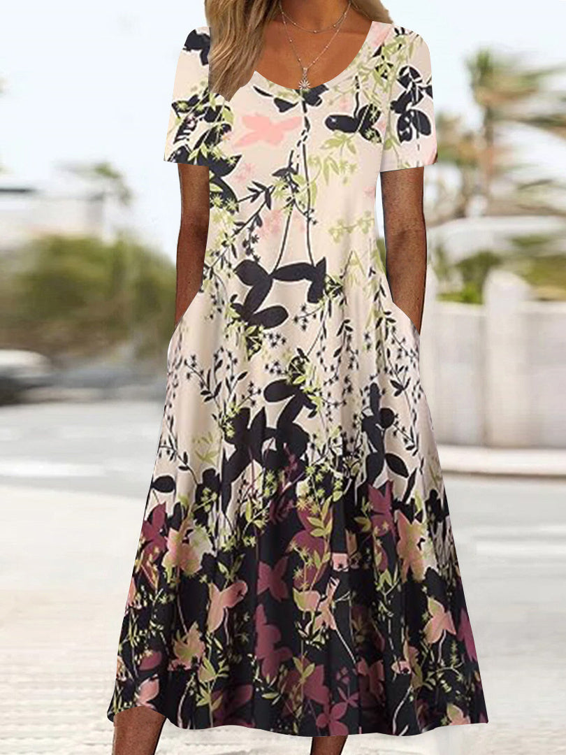 Women's Short Sleeve Scoop Neck Graphic Floral Printed Midi Dress