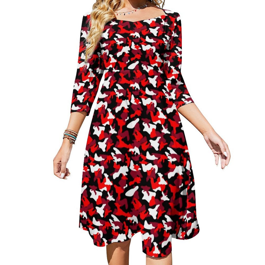 Red Black White Neon Red Camouflage Dress Sweetheart Tie Back Flared 3/4 Sleeve Midi Dresses