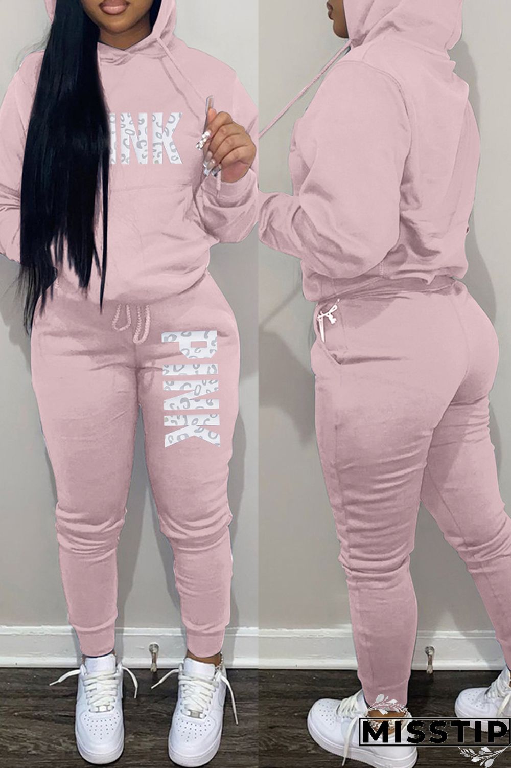 Khaki Fashion Casual Letter Print Basic Hooded Collar Long Sleeve Two Pieces