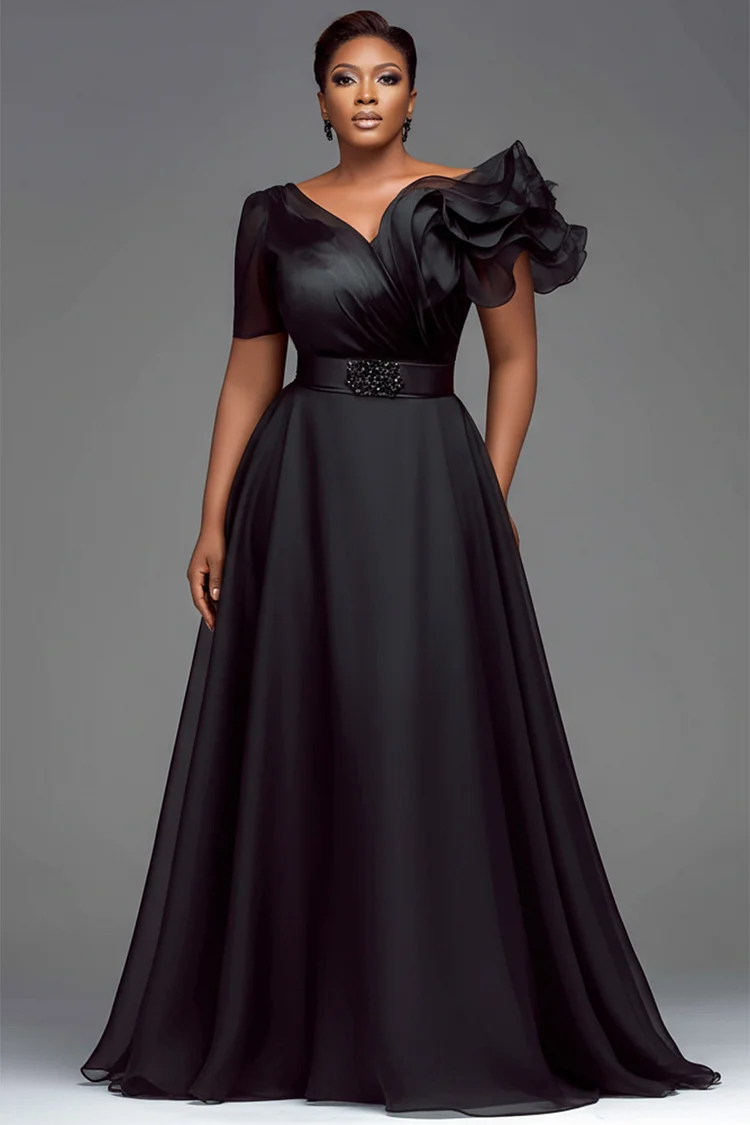 Xpluswear Design Plus Size Formal Organza Black V Neck Short Sleeve Ruffle Chiffon Maxi Dresses [Pre-Order] 2024 - Xpluswear