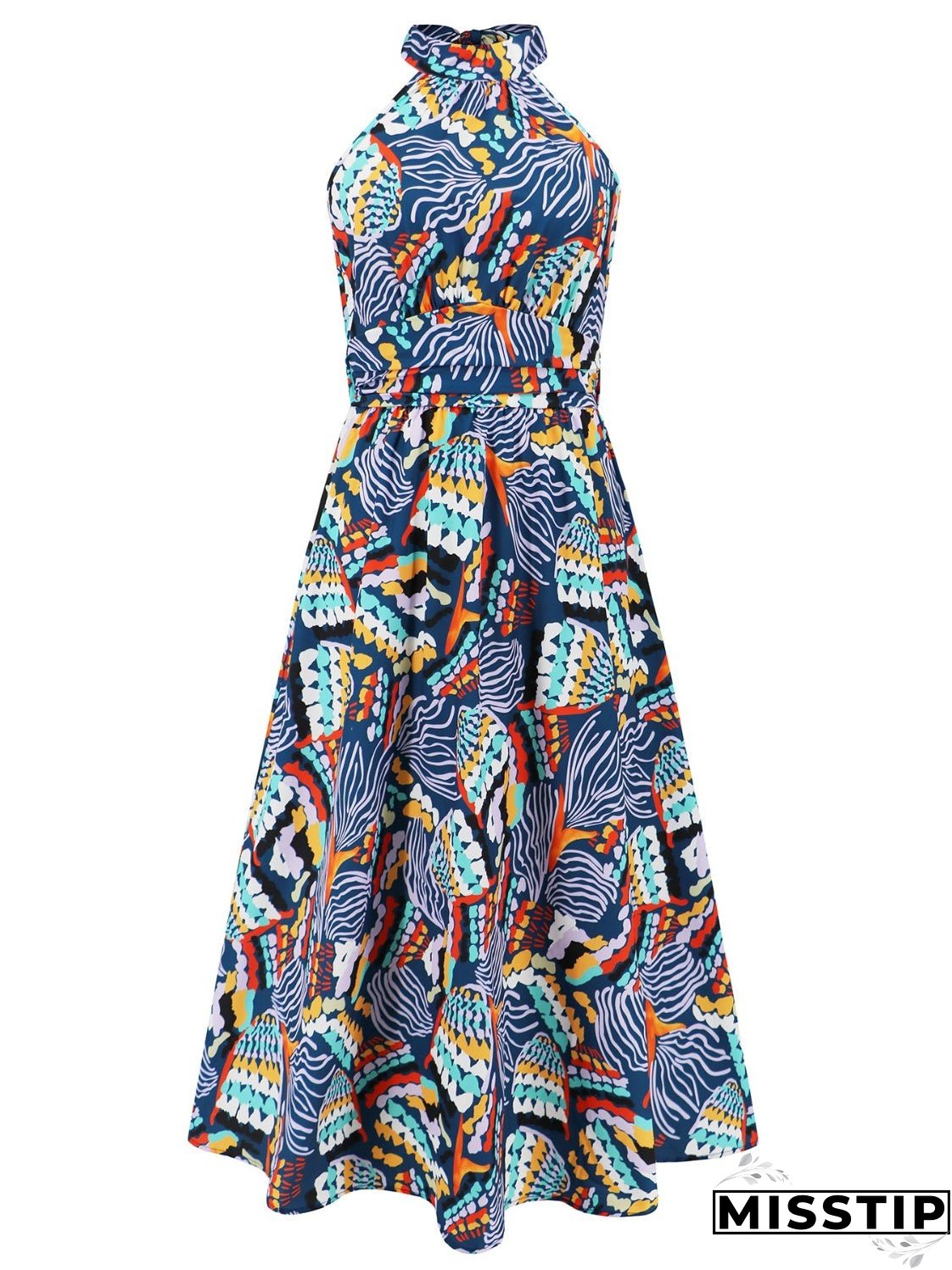 Ruched Printed Halter Neck Sleeveless Dress