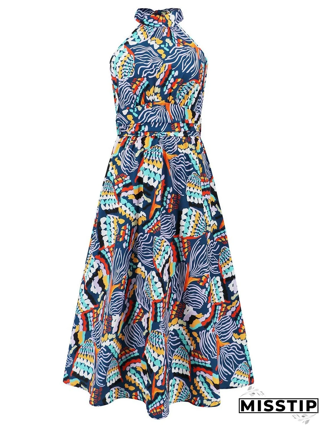 Ruched Printed Halter Neck Sleeveless Dress