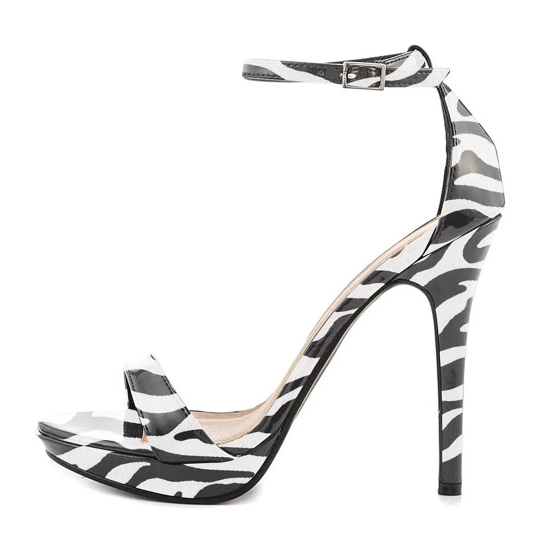 Zebra Print Ankle Strap Open Toe Stiletto Heels with Platform