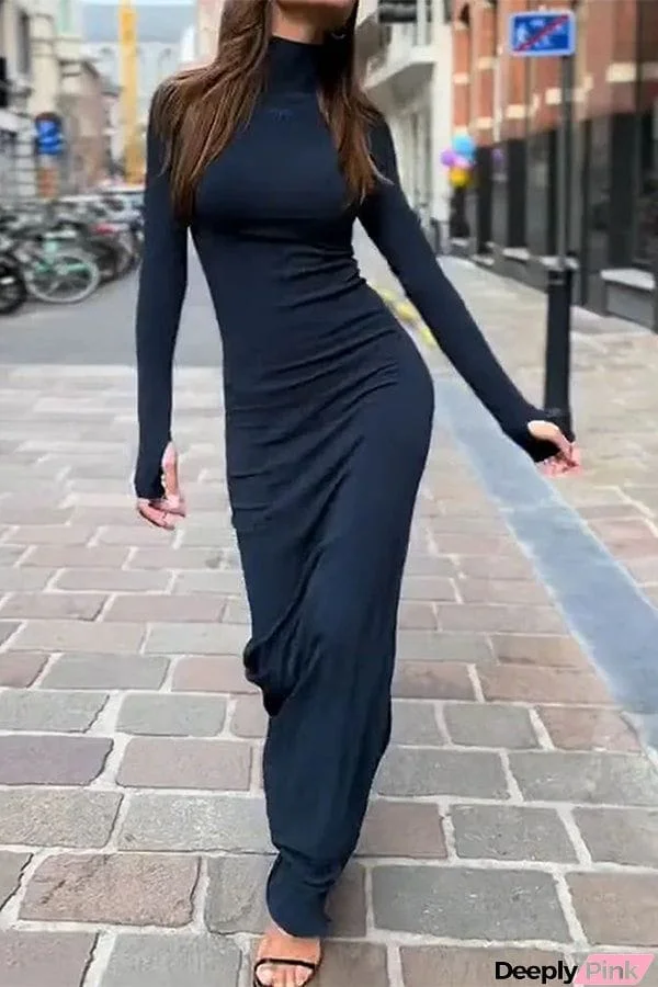 Need and Want Turtleneck Solid Long Sleeves Stretch Maxi Dress