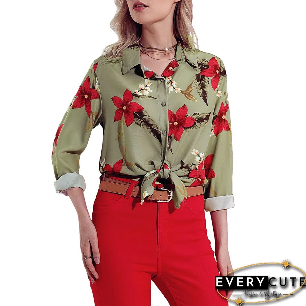 Green Long Sleeve Floral Print Button Front Shirt