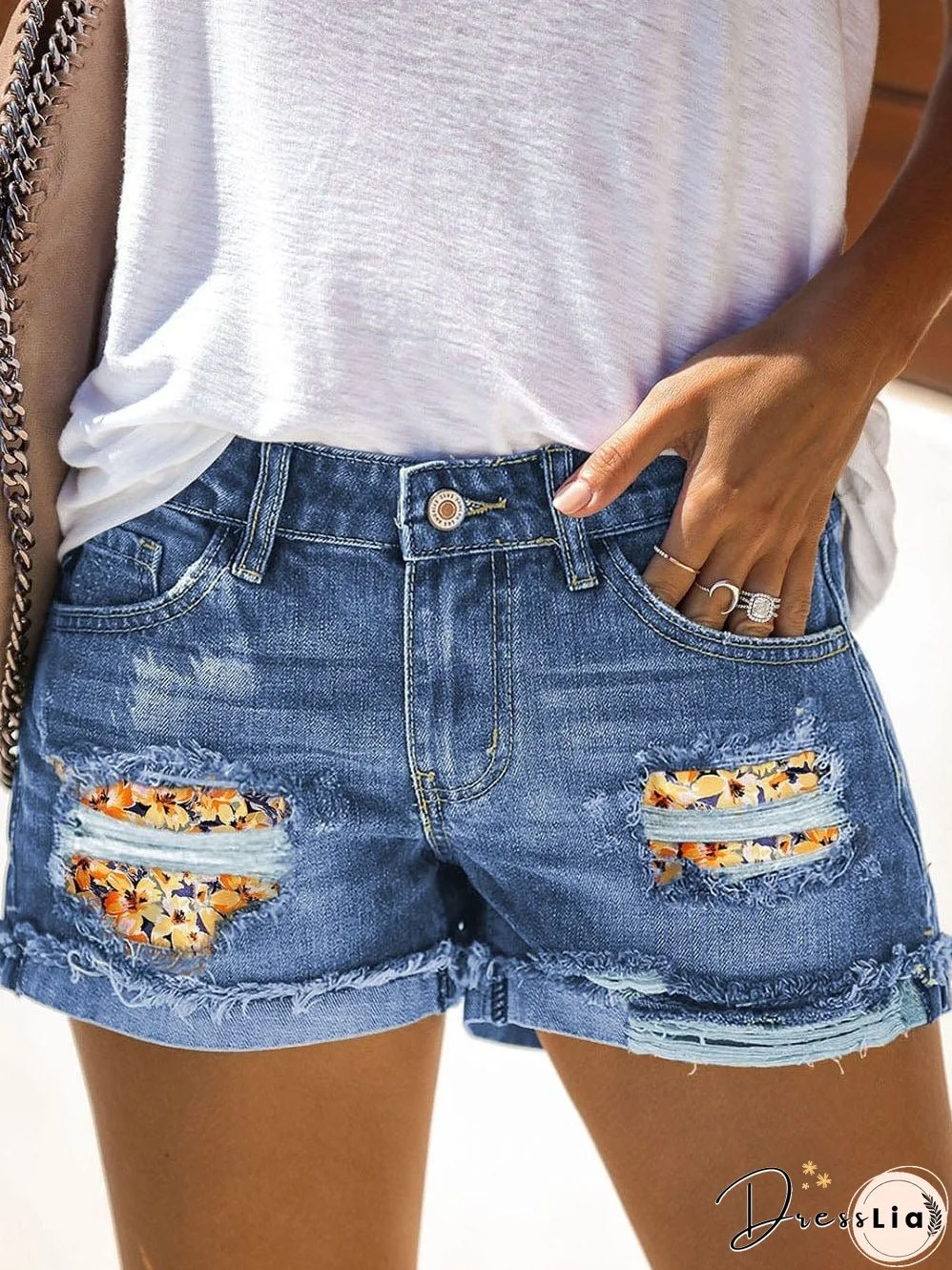 Ripped Fringed Denim Shorts Straight-breasted Pant