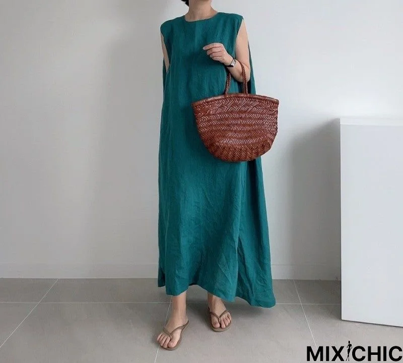 Loose Cotton Vest Dress New Round Neck Sleeveless Long Dress Linen