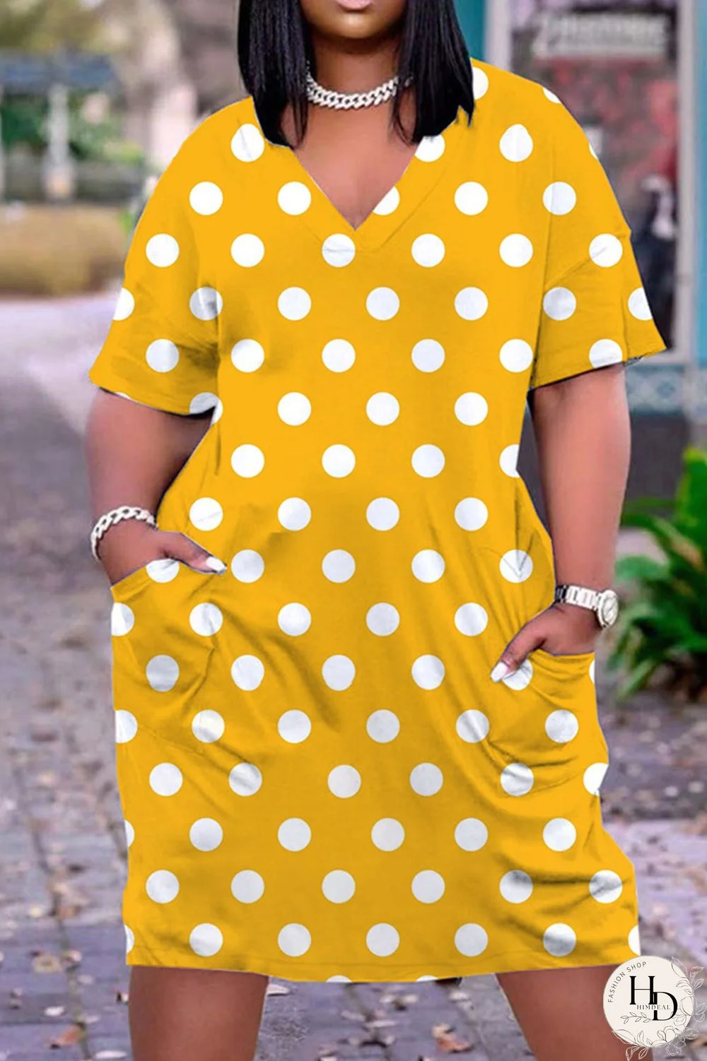 Yellow Casual Print Split Joint V Neck T-shirt Dress Dresses