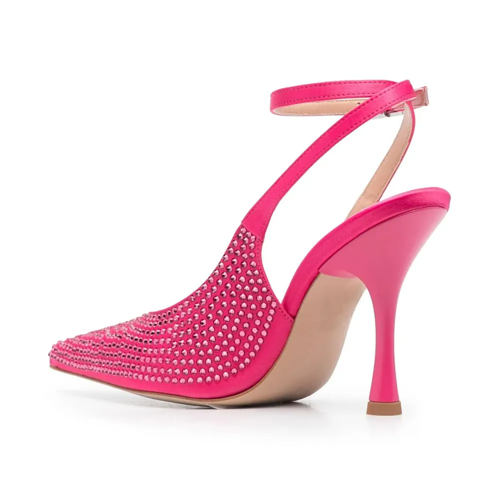 Hot Pink Satin Pointed Toe All-Over Rhinestone Ankle Strap Pumps Heels