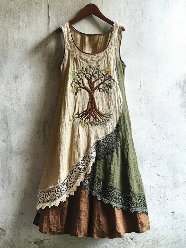 Utbros Vintage Viking Tree Of Life Embroidered Flowy Linen Dress