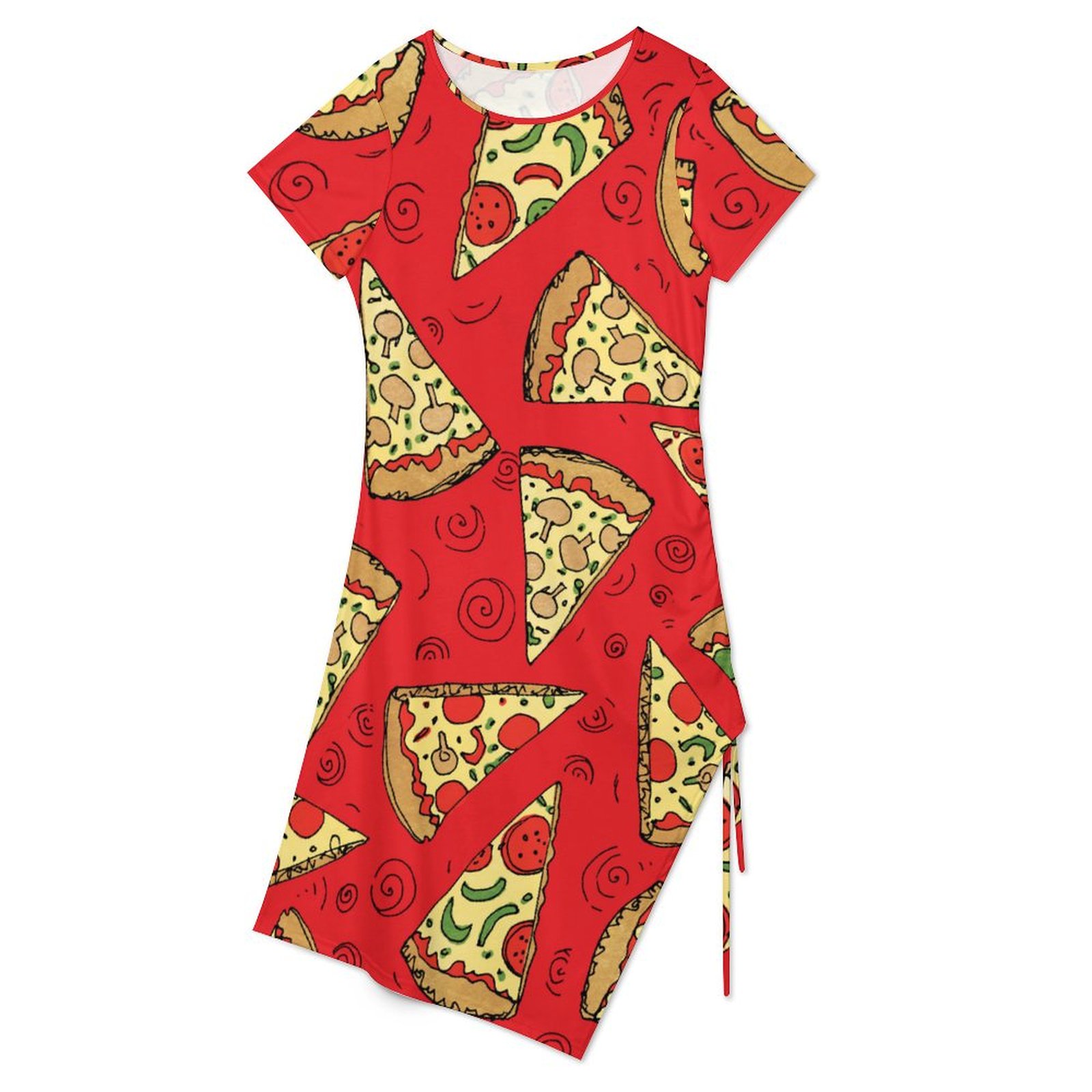 Funny Cheese Pizza Slices Red Pizza Drawstring Round Neck Irregular Dress Women Short Sleeve Bodycon Split Mini Dress Coolcoshirts