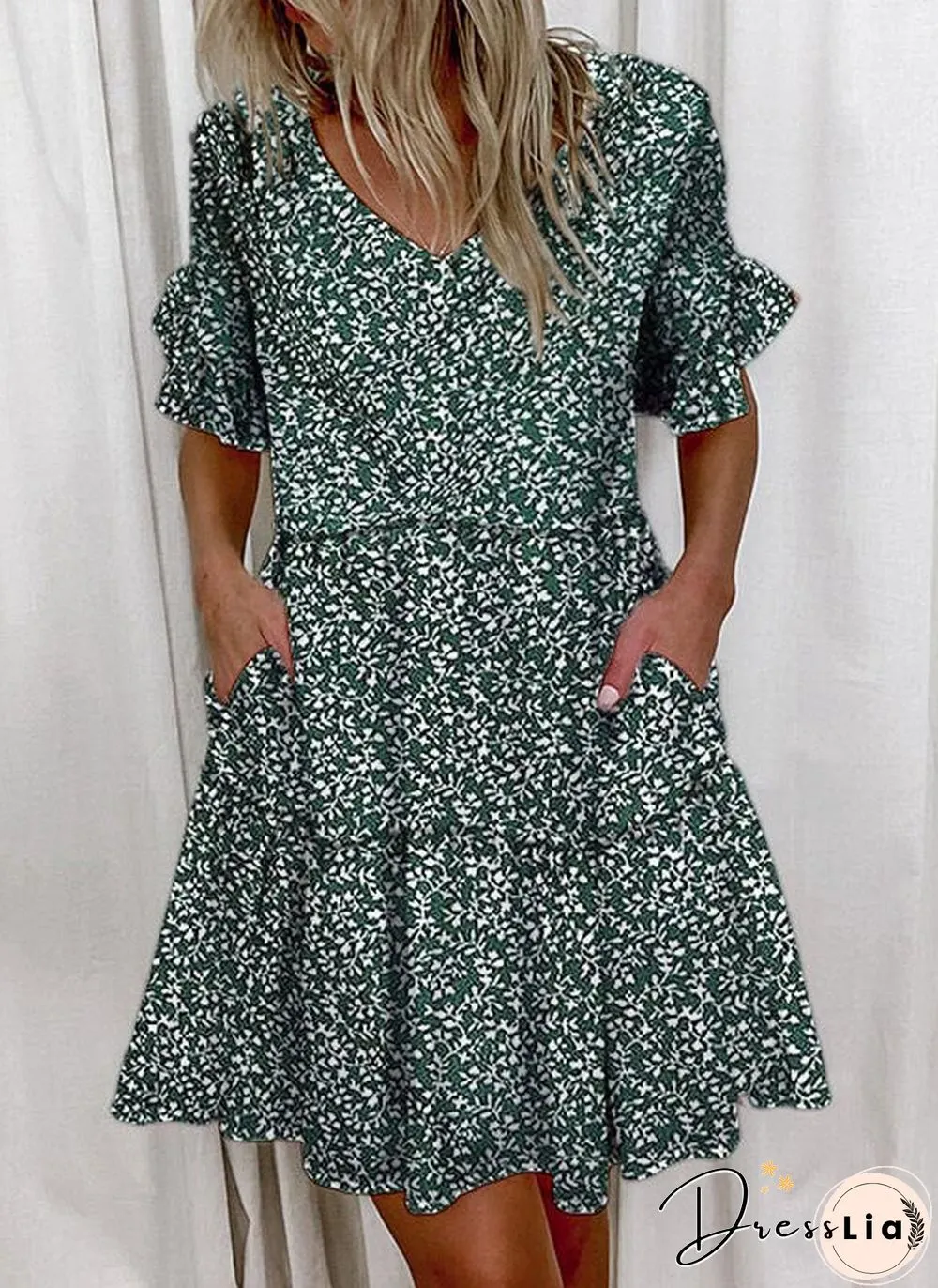 Printed Ruffle Pocket Dress Women Casual Loose Shoprt Sleeve Boho Vestidos Mujer
