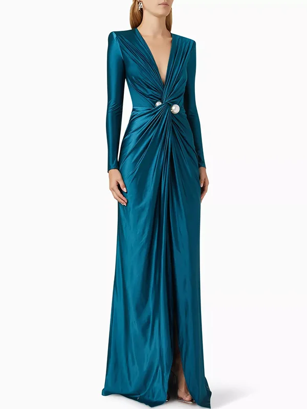 Pleated Solid Color Split-front Tied Waist Bodycon Long Sleeves Deep V-Neck Maxi Dresses