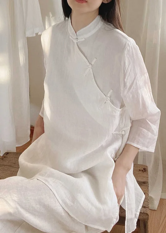 White Chinese Button Cotton Shirt Tops Side Open Spring