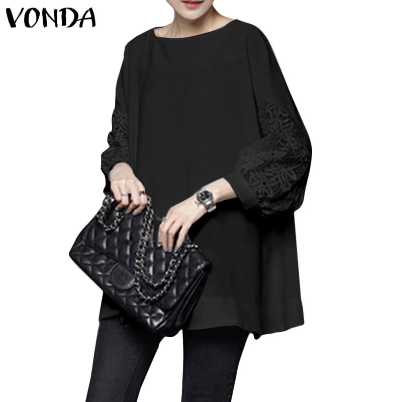 Brownm Women Elagant Solid Shirts Tunic Casual Round Neck Blouse VONDA 2022 Vintag 2/3 Sleeve Patchwork Tops Blusas Feminina