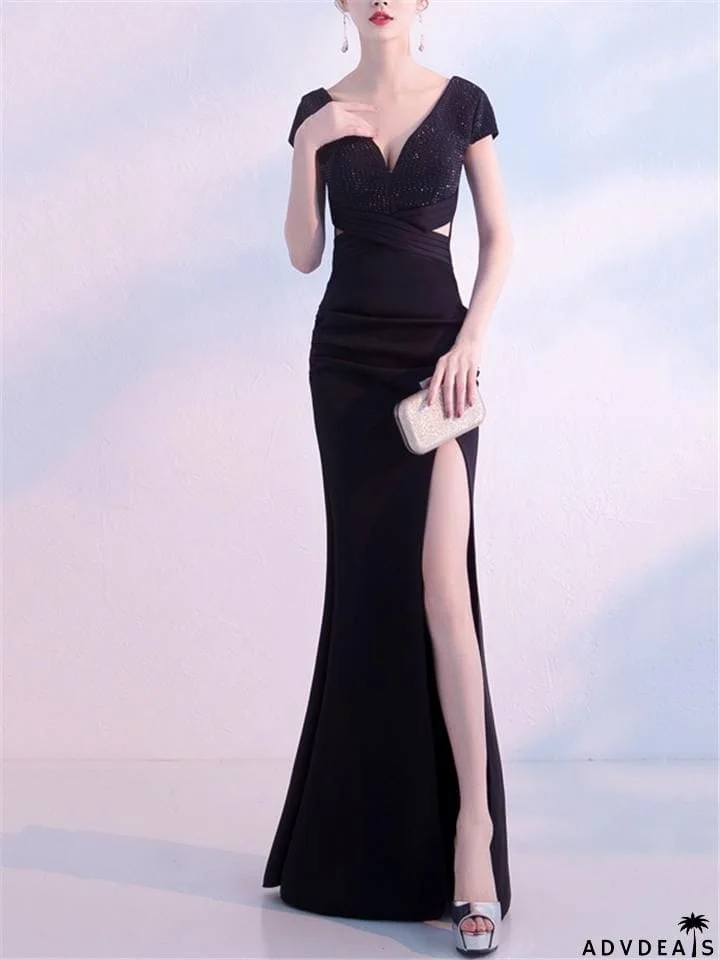 Sexy V Neck Side Slit Beaded Formal Dress for Dinner