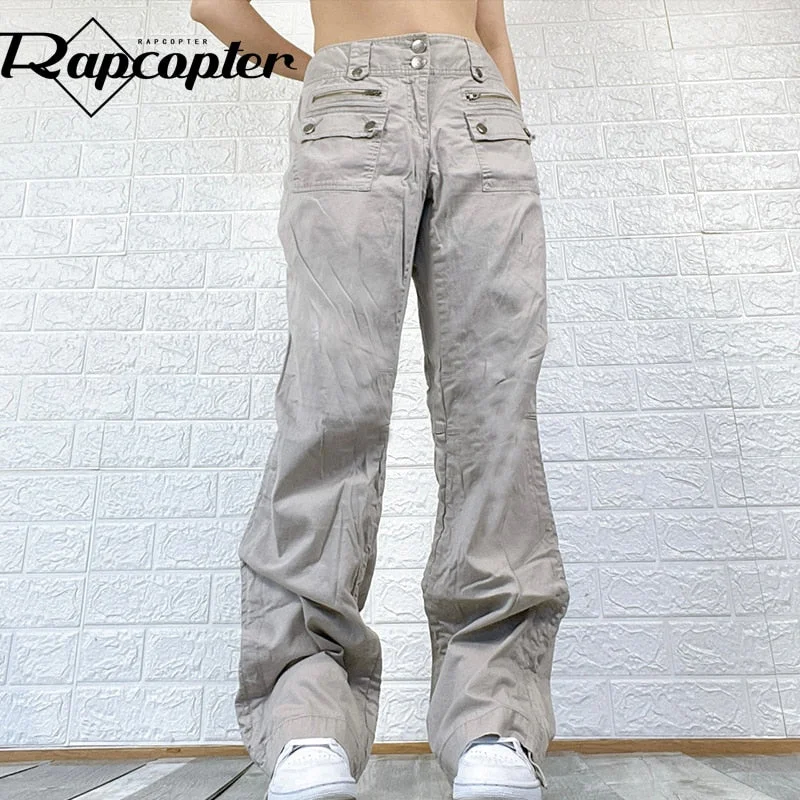 Rapcopter Gray Ruched Cargo Jeans Zipper Button High Waisted Sweatpants Vintage Pockets Zipper Baggy Denim Trousers Women Korean