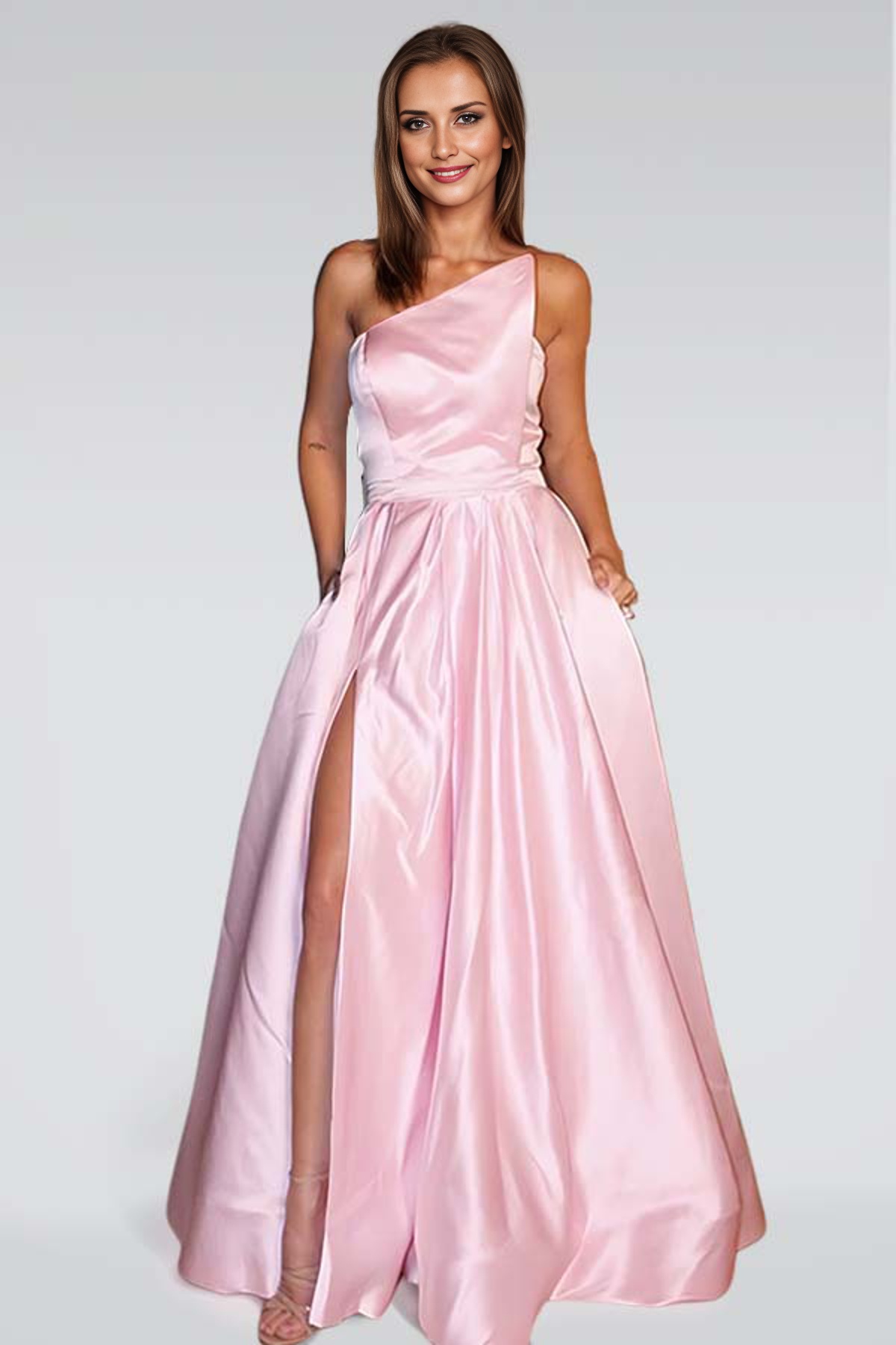  Pink One Shoulder A-Line Prom Dress with Split and Pockets - ohprom