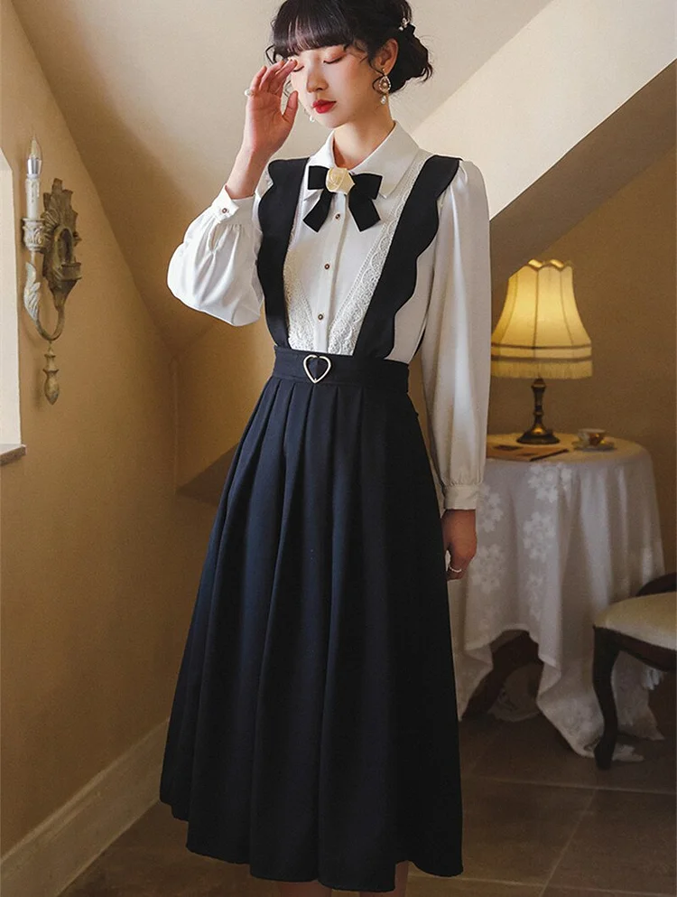 Korean Fashion Vintage Outfits Elegant Bow Blouse and Strape Skirt 2 piece set SS2216